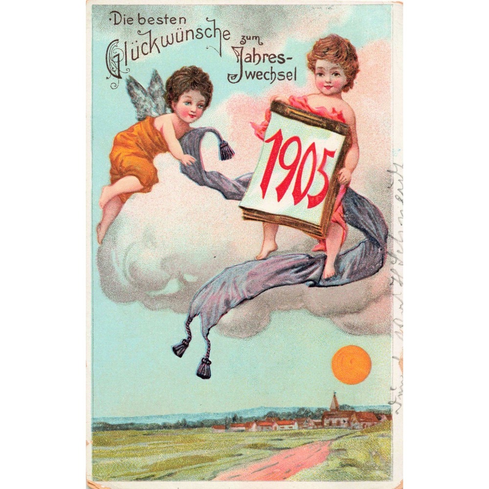 New Year 1905 German Postcard Cherubs Angels Cloud Sunrise Embossed Antique